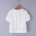 Cotton pleated lace patchwork short sleeved shirt