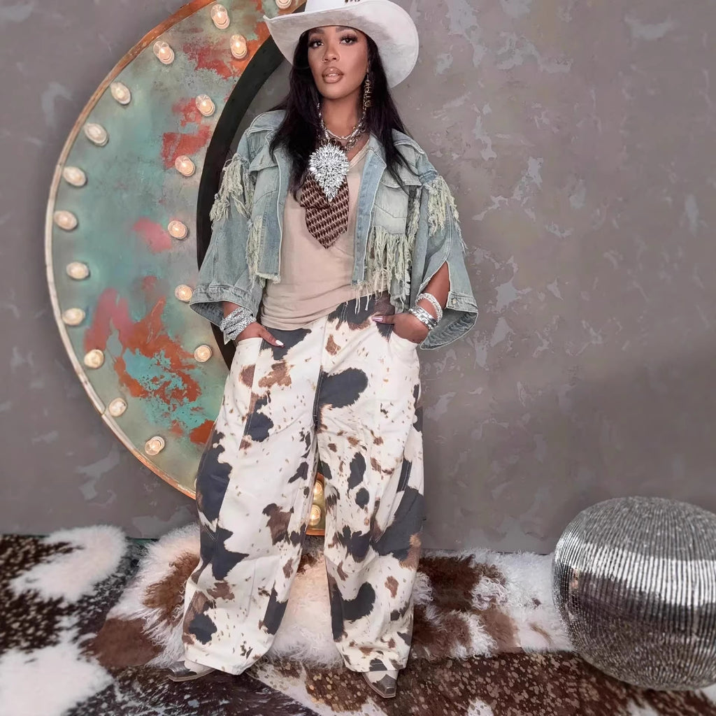 Western Style Cowhide Pattern Curved Knife Jeans