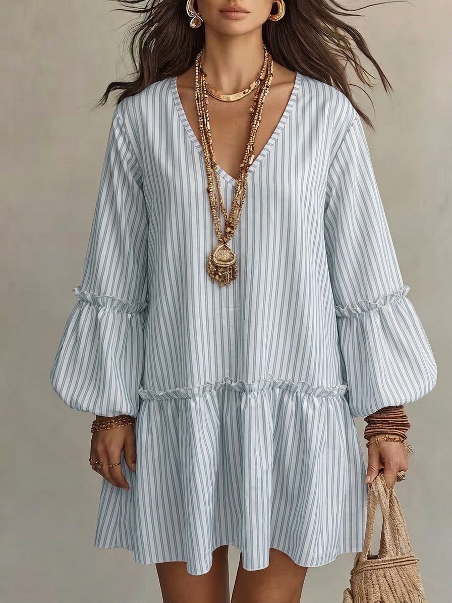 Style Autumn New Women's Long Sleeve Dress Stripe Print V-Neck Lantern Sleeve Loose Mini Dress