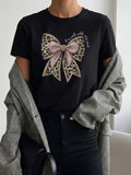 Leopard print bow print short sleeved T-shirt for women