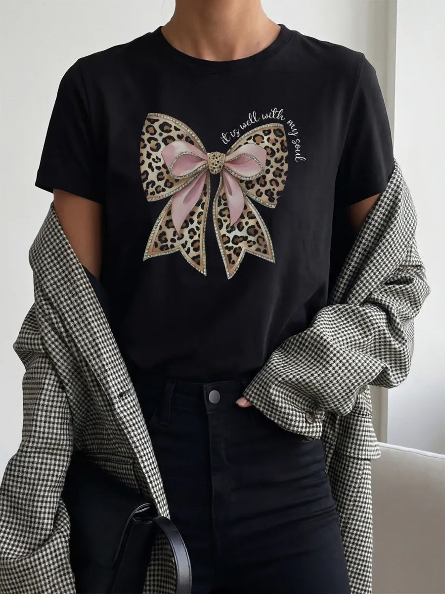 Leopard print bow print short sleeved T-shirt for women