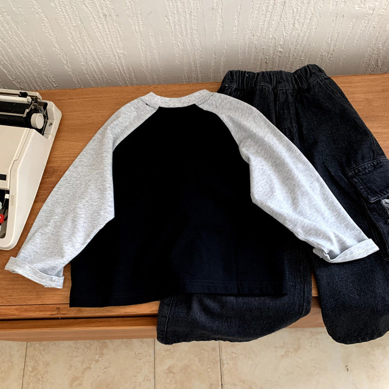 Children's Spring and Autumn Color Matching Splicing Top for Girls