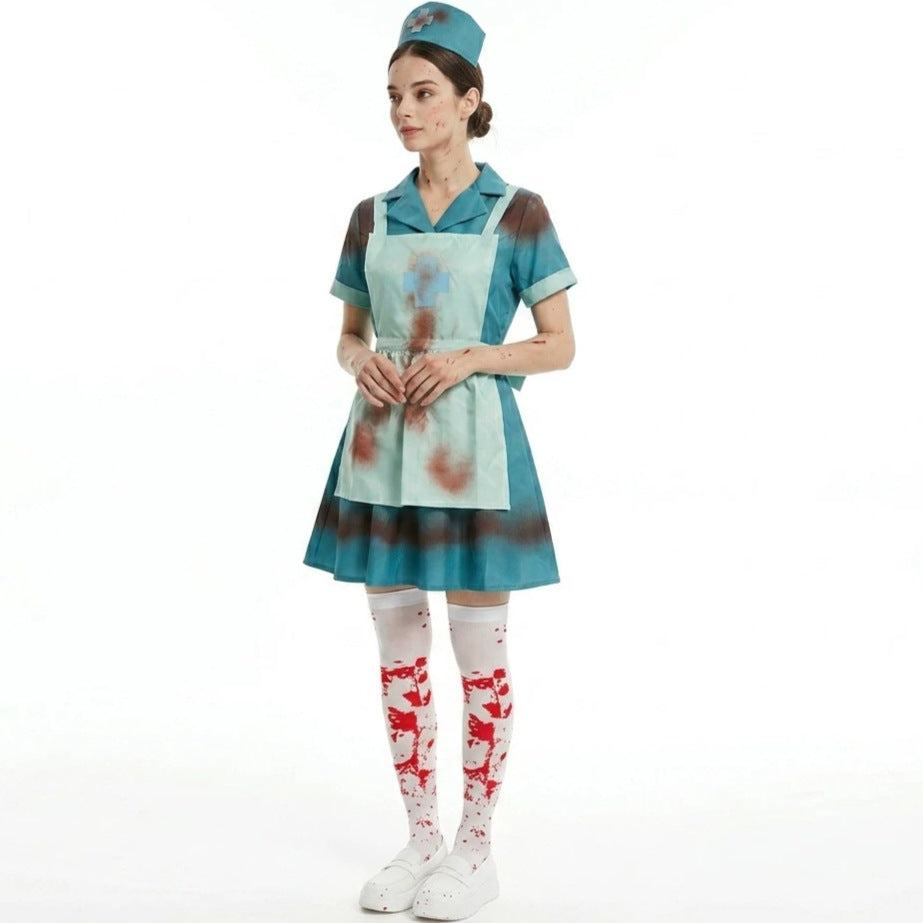 Halloween Bloody Horror Zombie Nurse Cosplay Costume Scary Blood-Stained Stage Fancy Dress