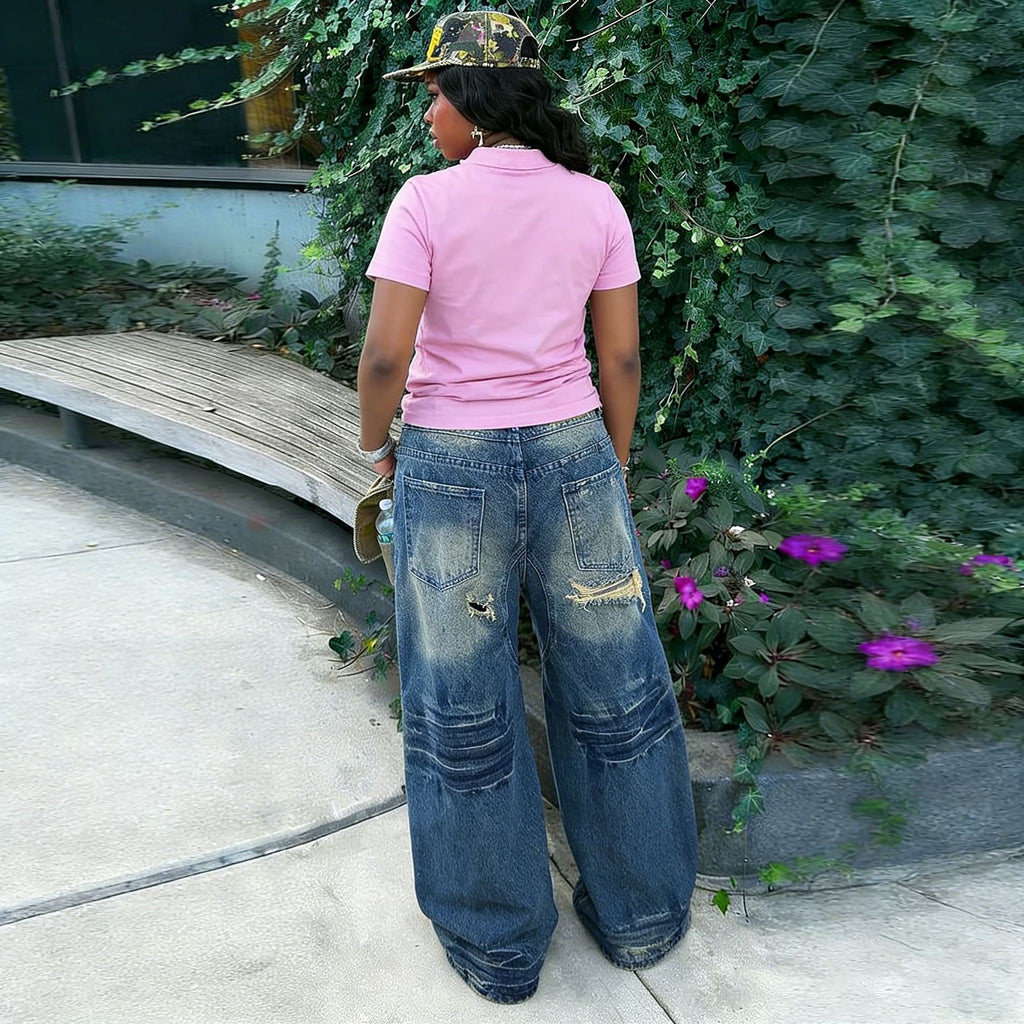 Street Style Ripped Distressed Painted Washed Denim Pants