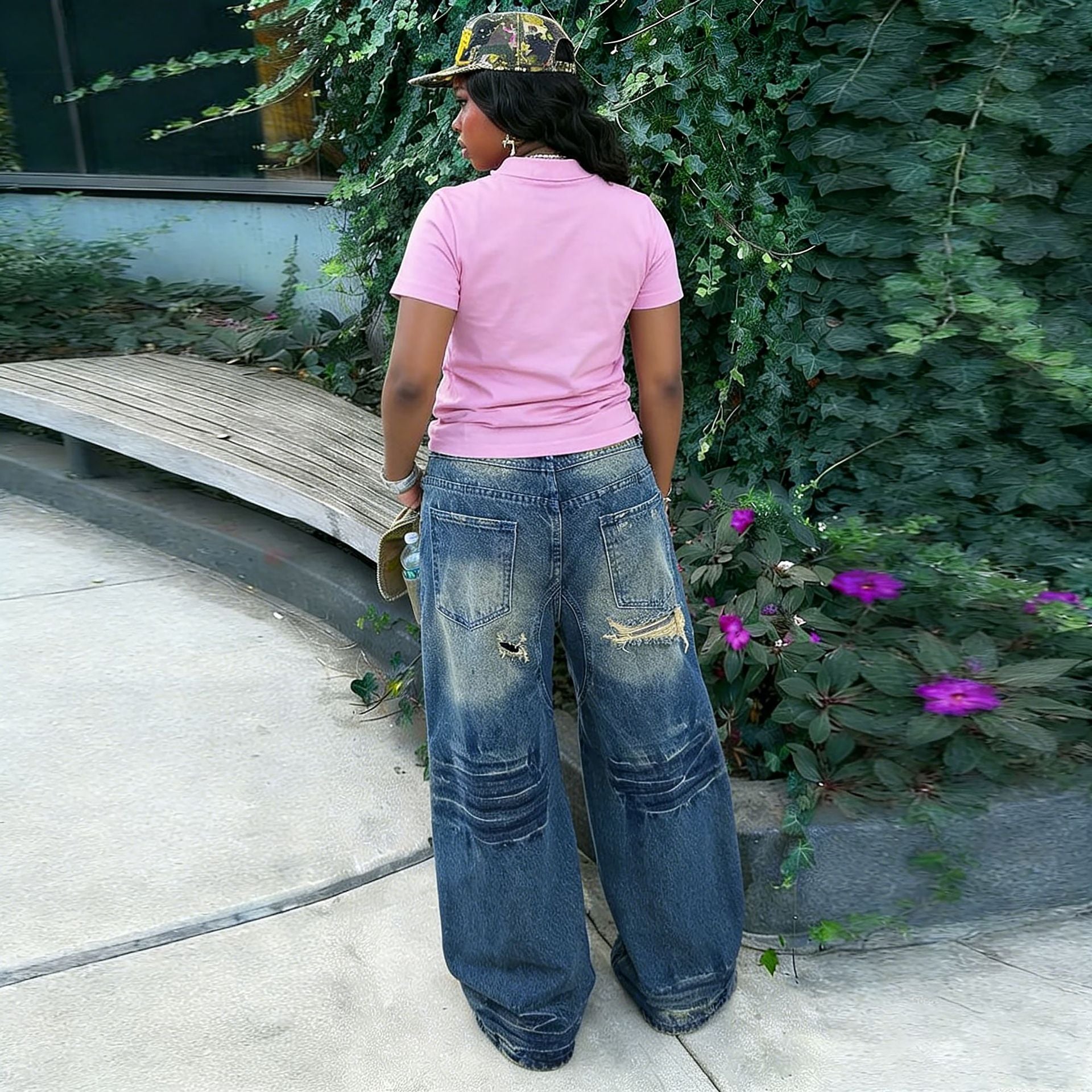 Street Style Ripped Distressed Painted Washed Denim Pants