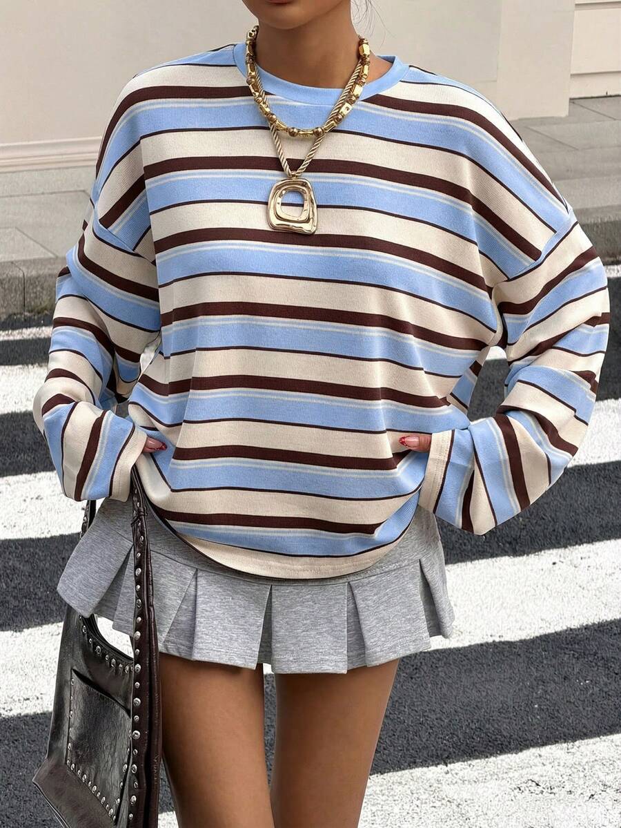 Round neck contrasting striped pullover loose hoodie