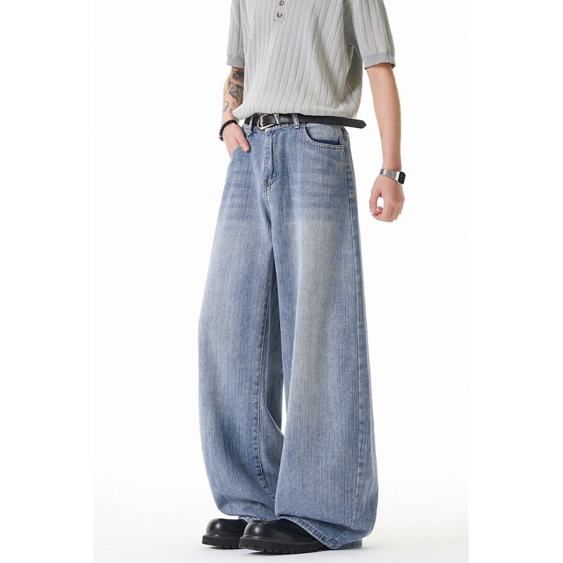 Street Style Washed Stripe Wide Leg Jeans Men's Loose High Waist Drop Crotch Pants
