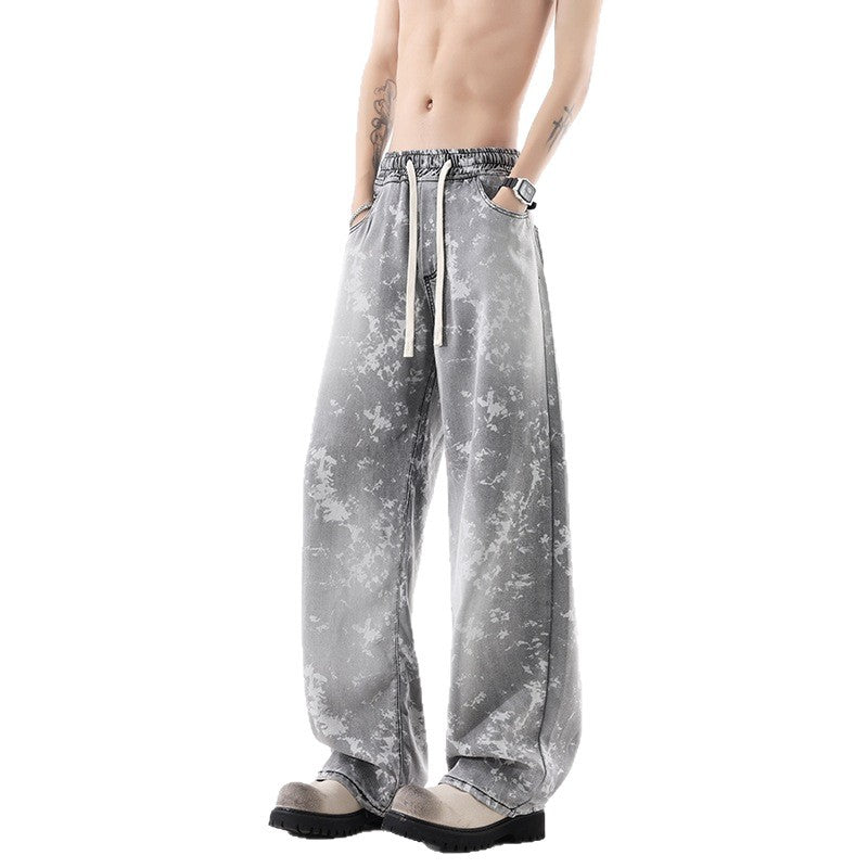 Leather Rayon Denim Pants Men Printed Casual Pants Men Trendy Vintage Retro Long Pants
