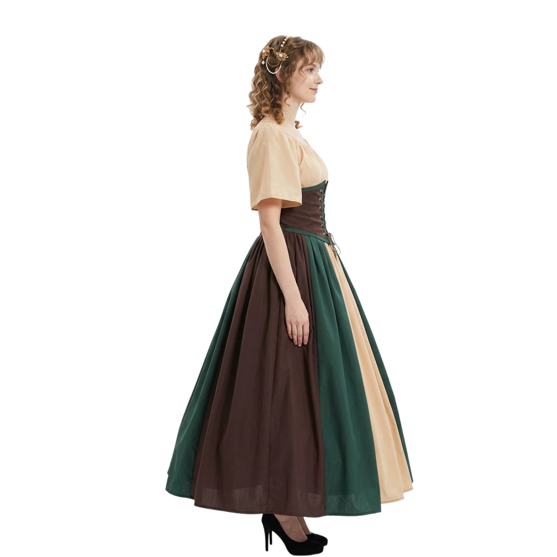 Halloween Cosplay Costume Medieval Vintage Fitted Full Skirt One-Shoulder Color-Blocked Spliced Dress for Women