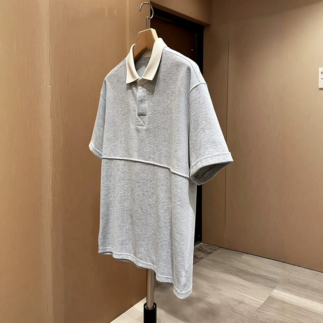 Grey Flip Collar Short Sleeve Design Patchwork Top
