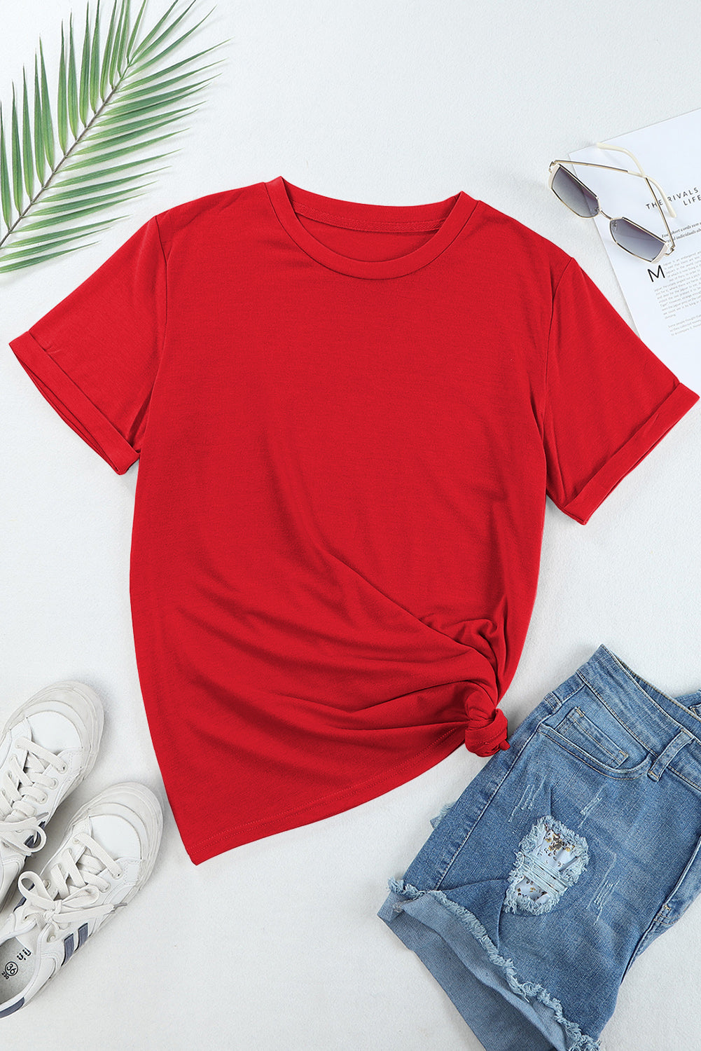 Sachet Pink Solid Color Basic Crew Neck Plain Tee