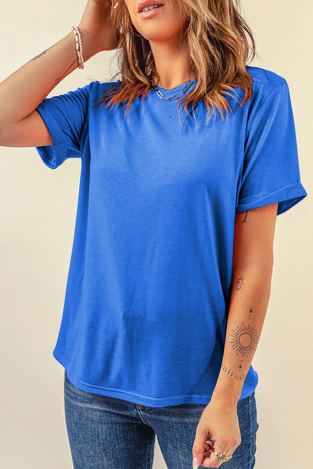 Sachet Pink Solid Color Basic Crew Neck Plain Tee
