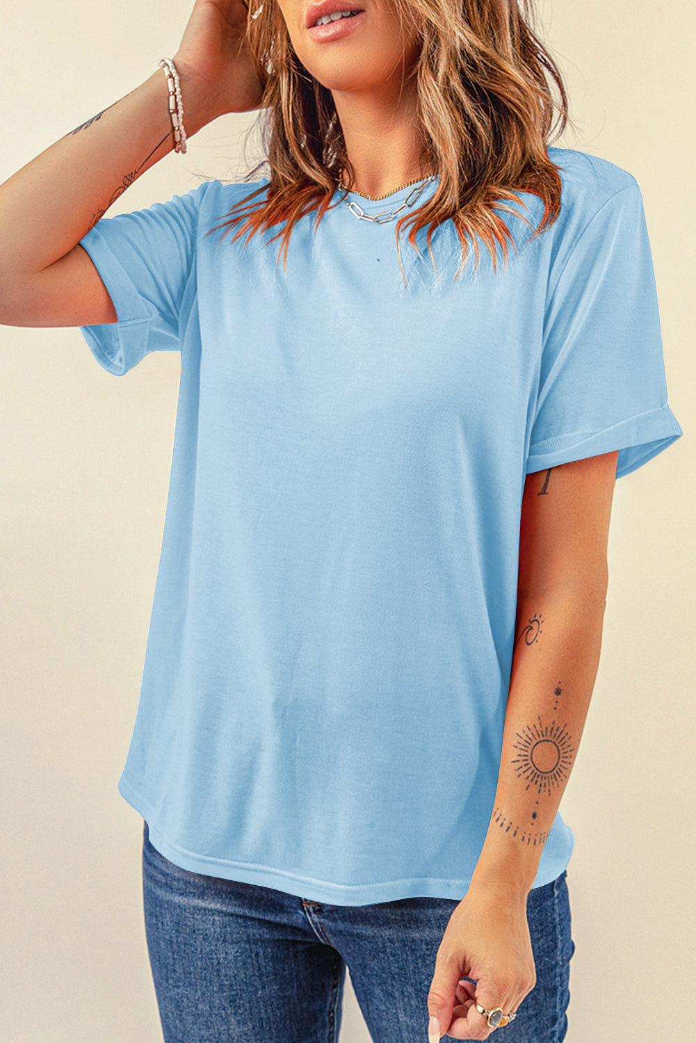 Sachet Pink Solid Color Basic Crew Neck Plain Tee