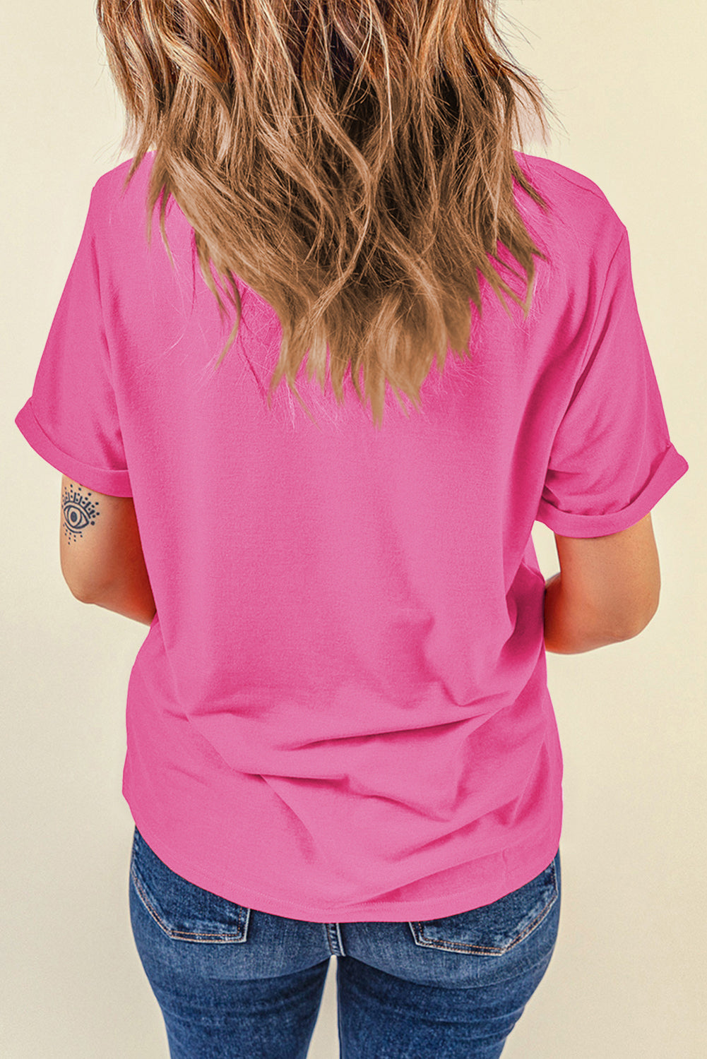 Sachet Pink Solid Color Basic Crew Neck Plain Tee