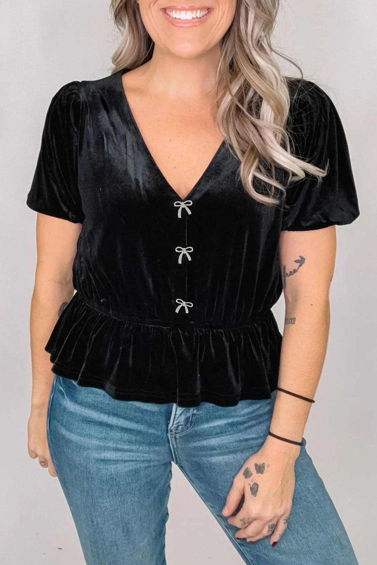 Black V Neck Bow Decoration Peplum Hem Shift Silhouette Short Sleeve Blouse