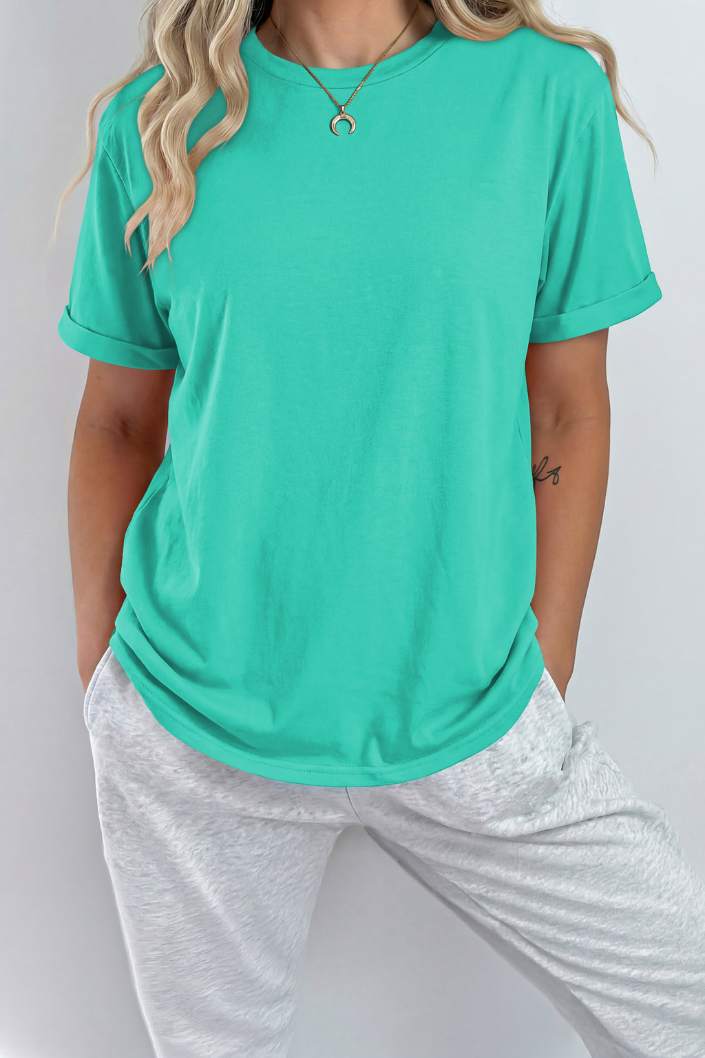 Sachet Pink Solid Color Basic Crew Neck Plain Tee