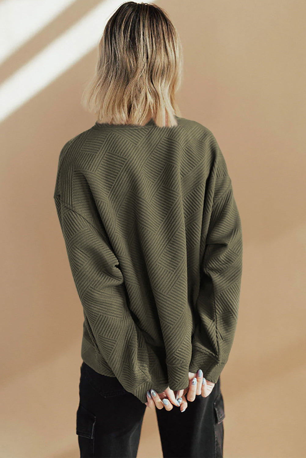 Jungle Green Solid Color Textured Round Neck Drop Shoulder Pullover Sweatshirt