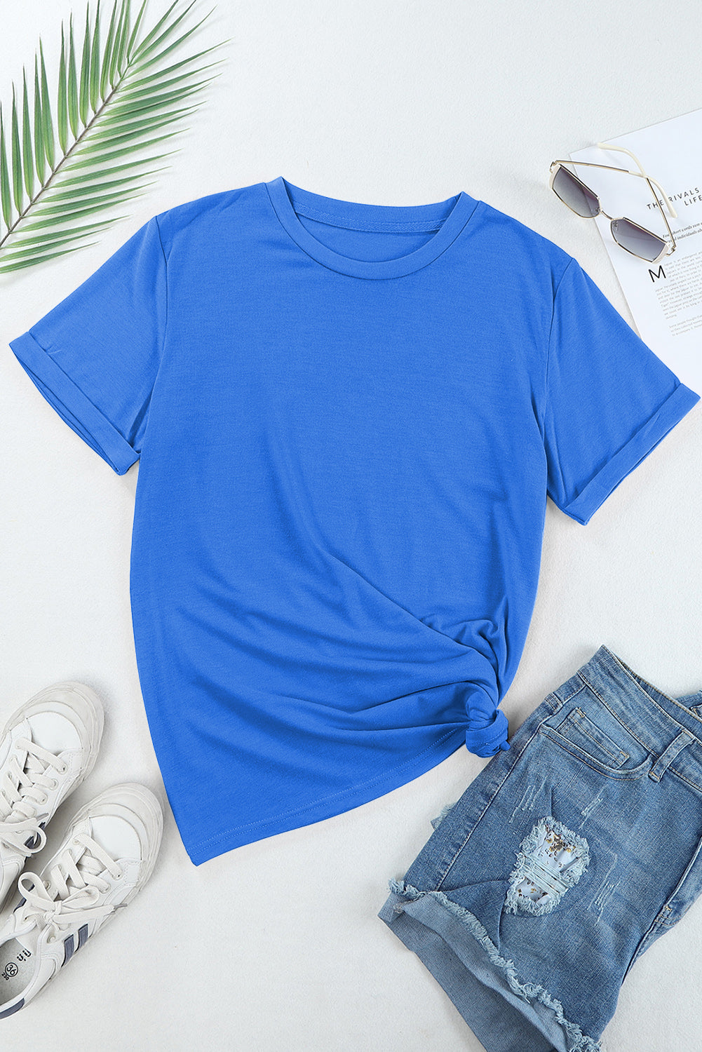 Sachet Pink Solid Color Basic Crew Neck Plain Tee