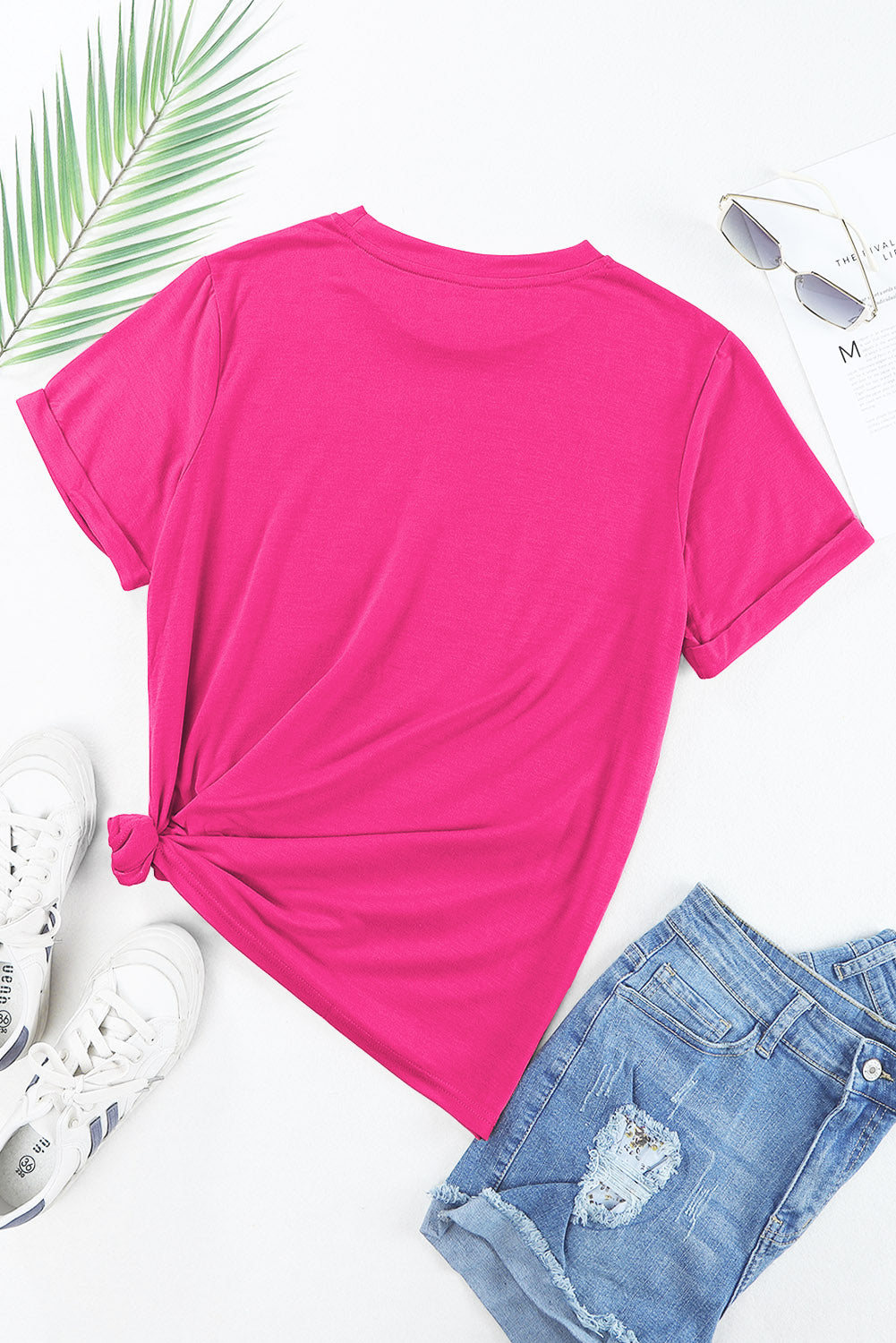 Sachet Pink Solid Color Basic Crew Neck Plain Tee