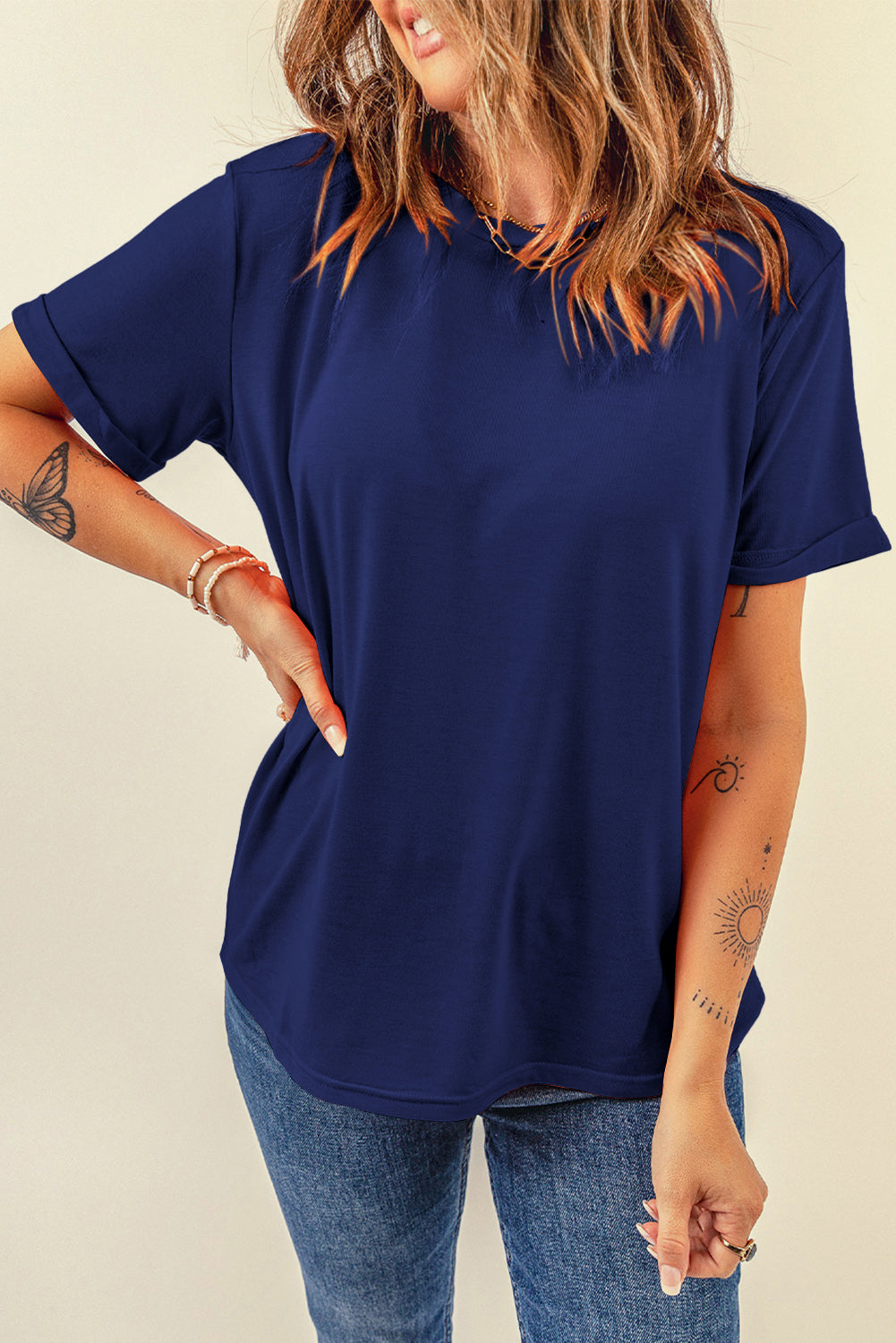 Sachet Pink Solid Color Basic Crew Neck Plain Tee