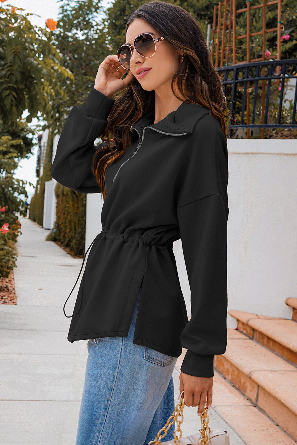 Black Half Zip Large Collar Drawstring Waist Pullover Sweatshirt