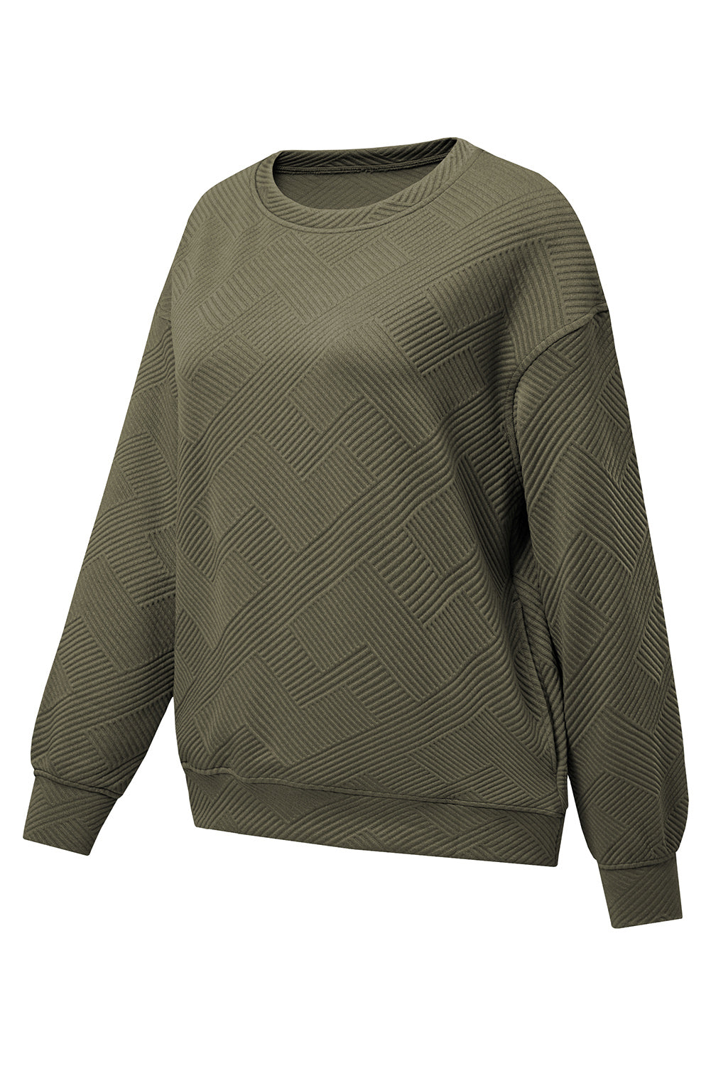 Jungle Green Solid Color Textured Round Neck Drop Shoulder Pullover Sweatshirt