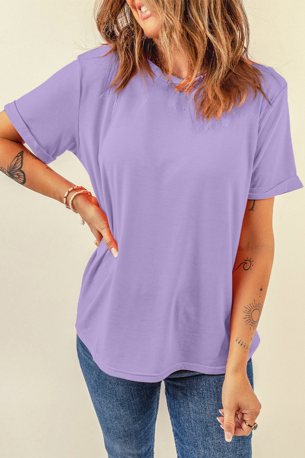 Sachet Pink Solid Color Basic Crew Neck Plain Tee