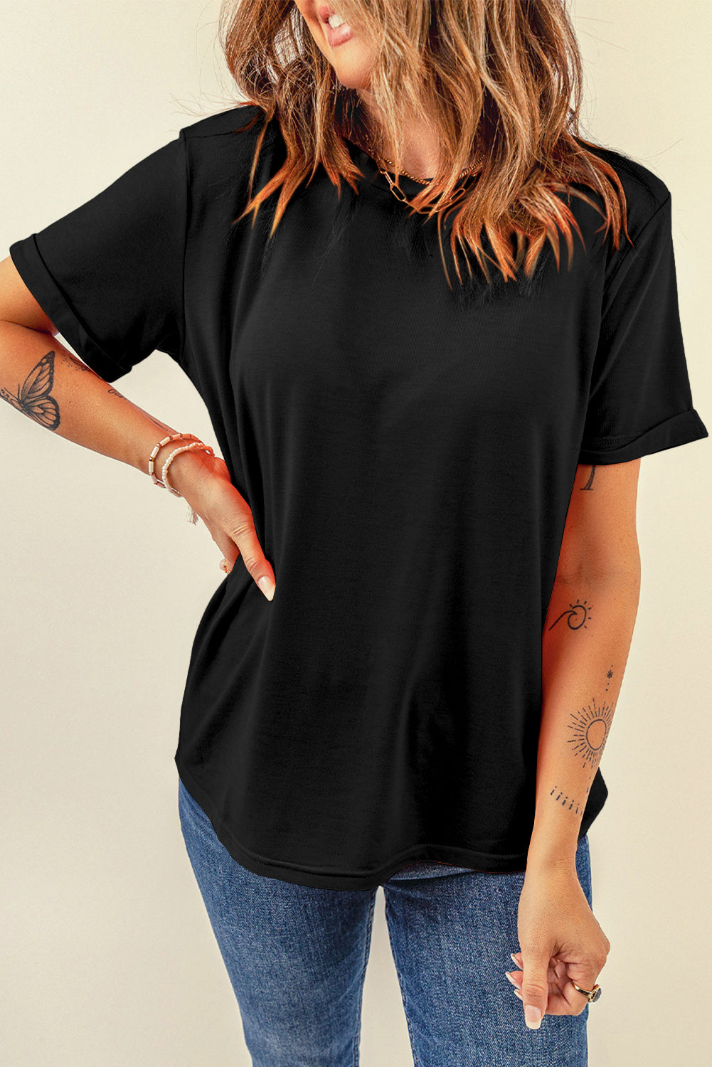 Sachet Pink Solid Color Basic Crew Neck Plain Tee