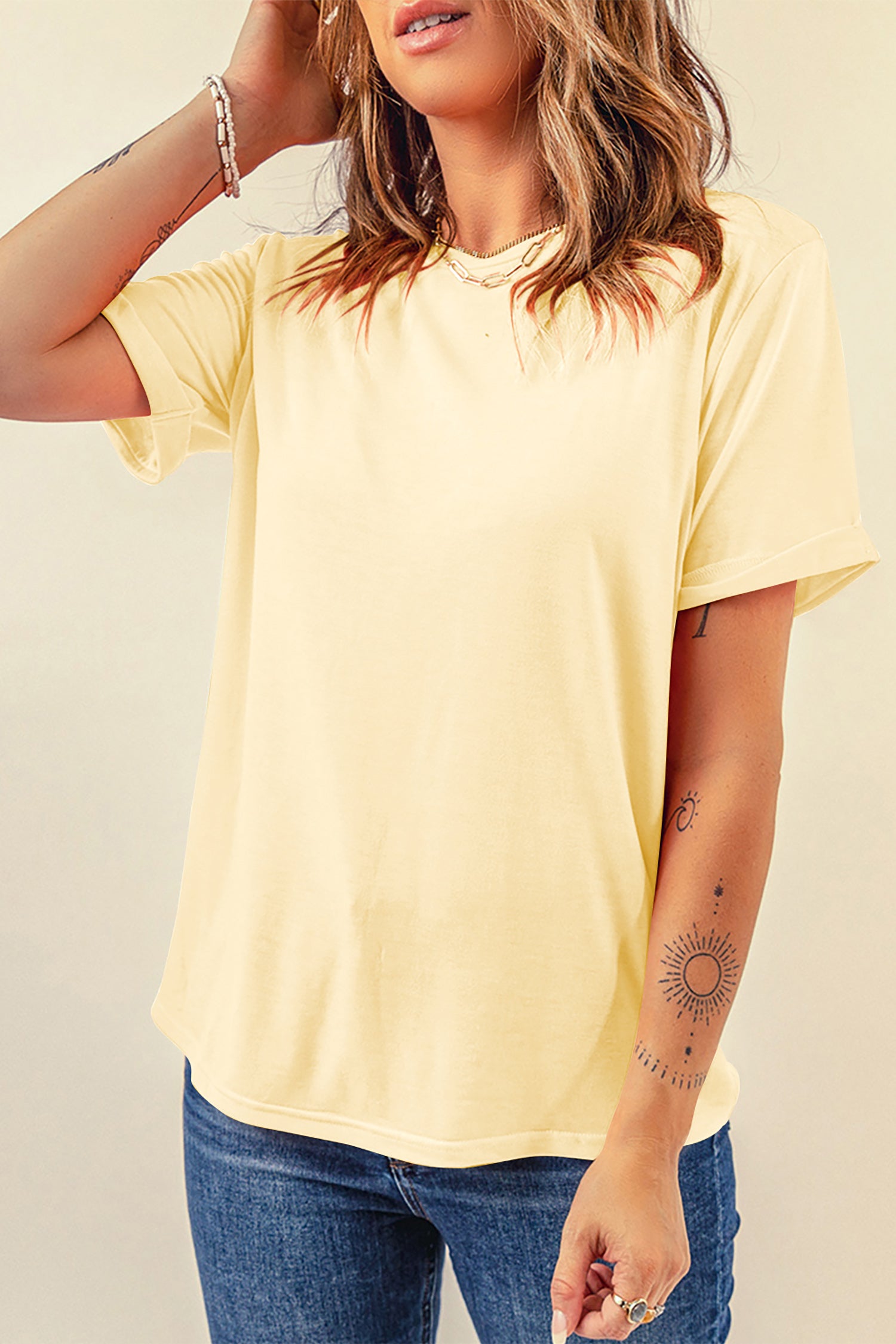 Sachet Pink Solid Color Basic Crew Neck Plain Tee
