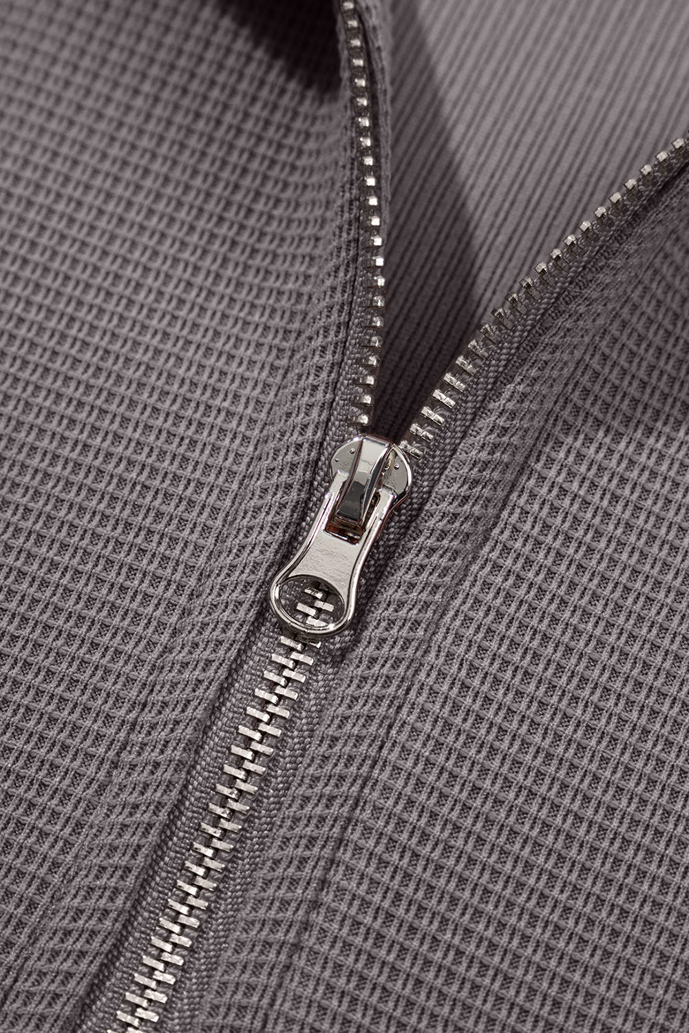 Gray Waffle Texture Collar Half Zip Pocketed Drop Shoulder Sweatshirt