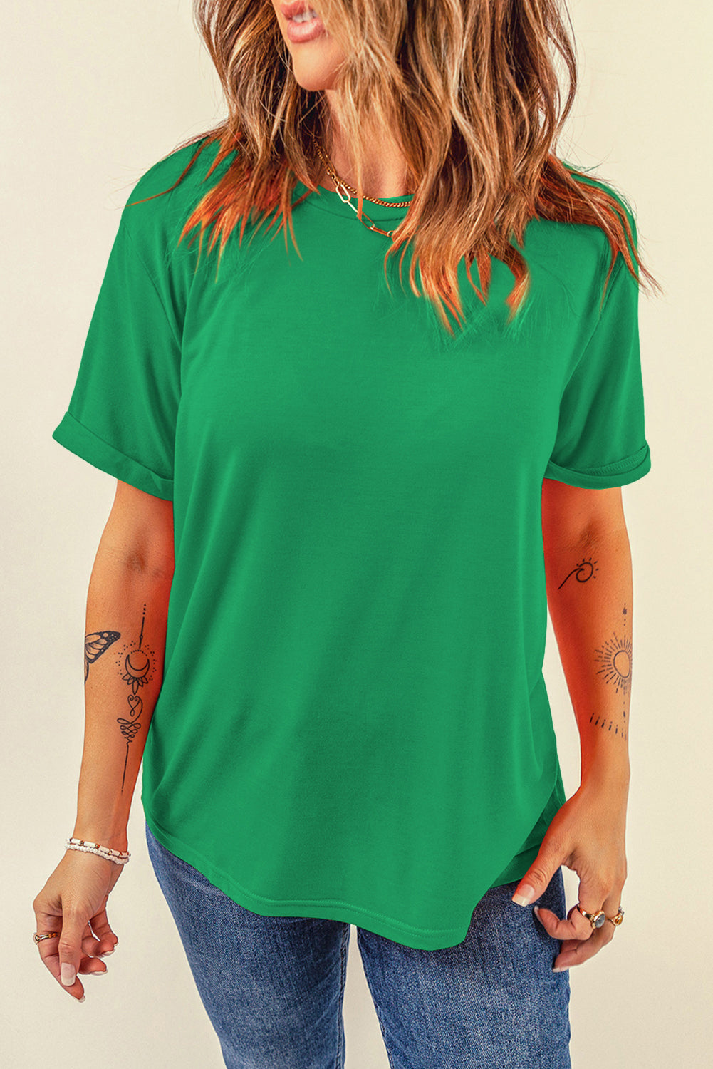 Sachet Pink Solid Color Basic Crew Neck Plain Tee
