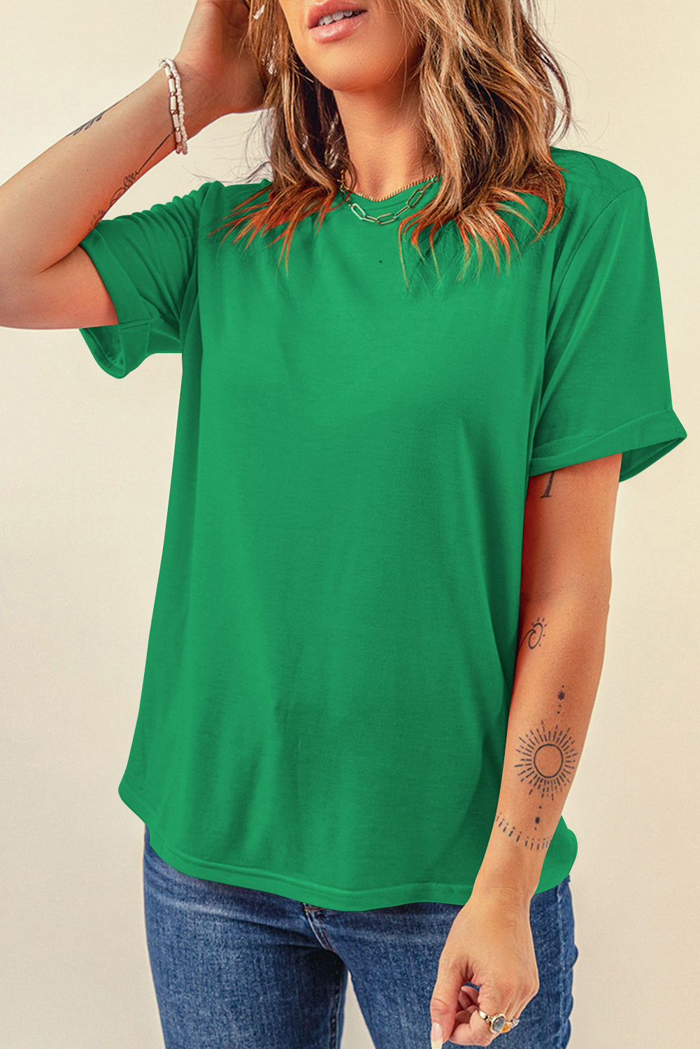Sachet Pink Solid Color Basic Crew Neck Plain Tee