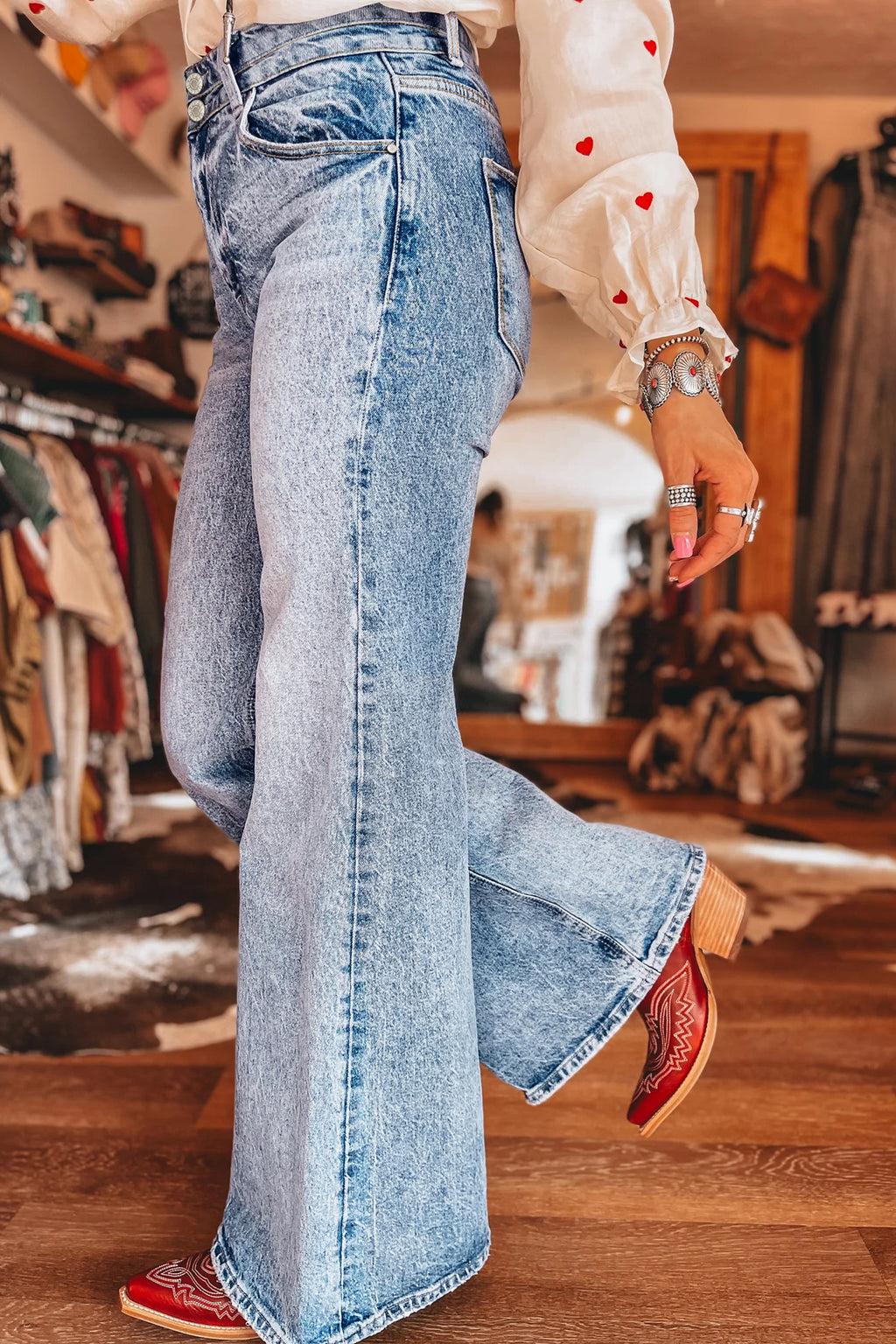 Sail Blue Acid Wash Pocket Detail Flare Jeans