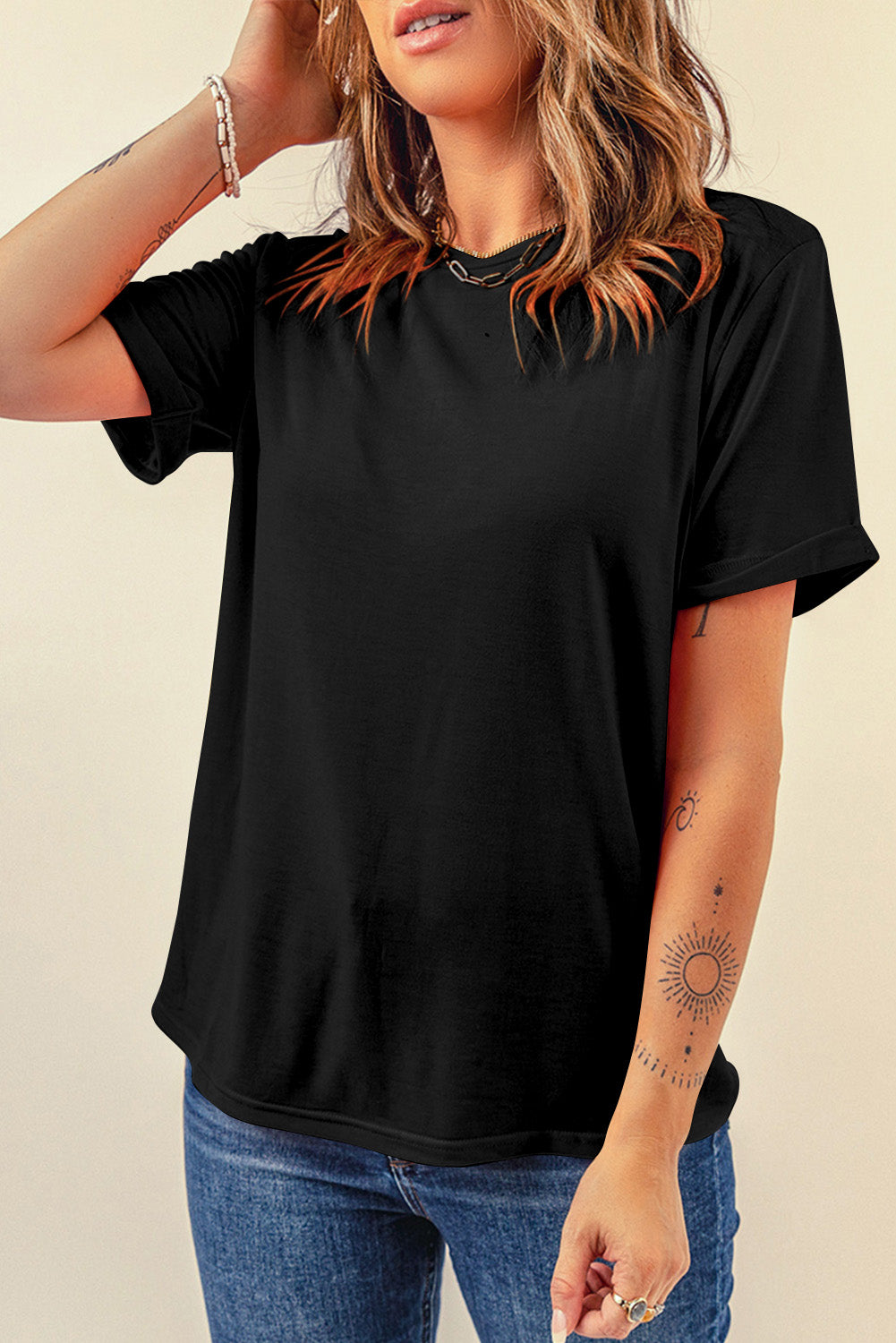 Sachet Pink Solid Color Basic Crew Neck Plain Tee